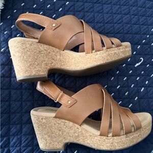 Clarks Tan Cork Wedge Sandals
